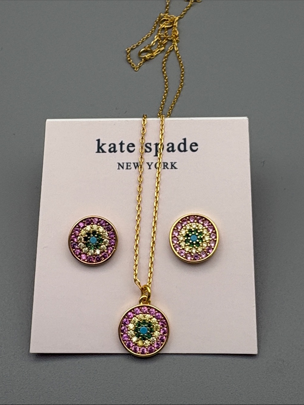 kate spade Gold Multicolor Crystal Disc Necklace and Stud Earrings
